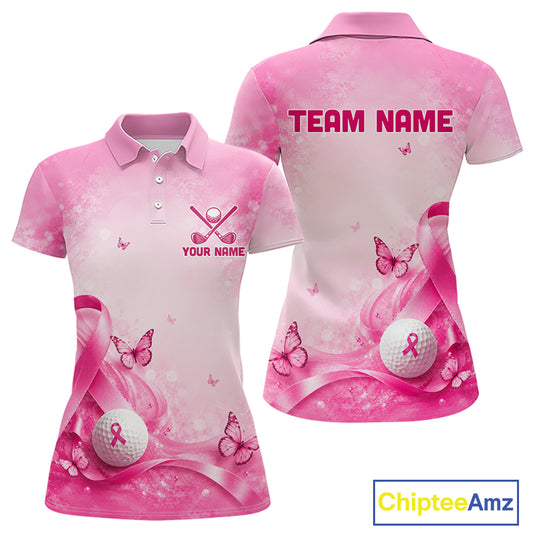Women Golf Shirt Breast Cancer Awareness Pink Ribbon Butterfly, Custom Name Team Golf Polo NHT1492