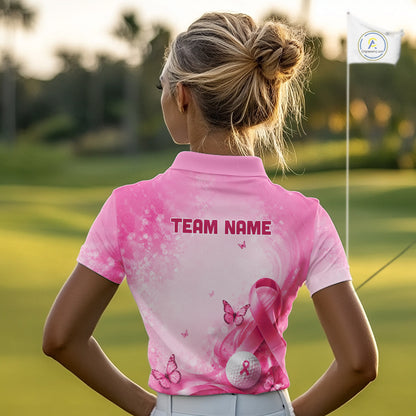 Women Golf Shirt Breast Cancer Awareness Pink Ribbon Butterfly, Custom Name Team Golf Polo NHT1492