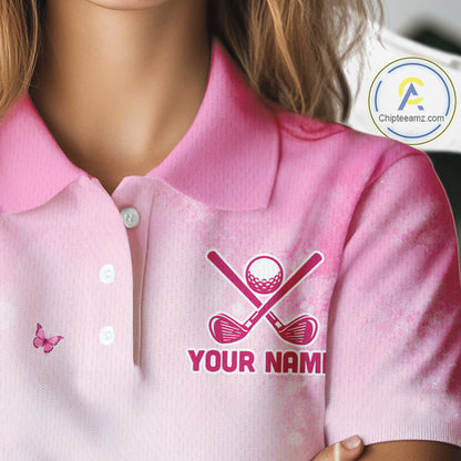 Women Golf Shirt Breast Cancer Awareness Pink Ribbon Butterfly, Custom Name Team Golf Polo NHT1492
