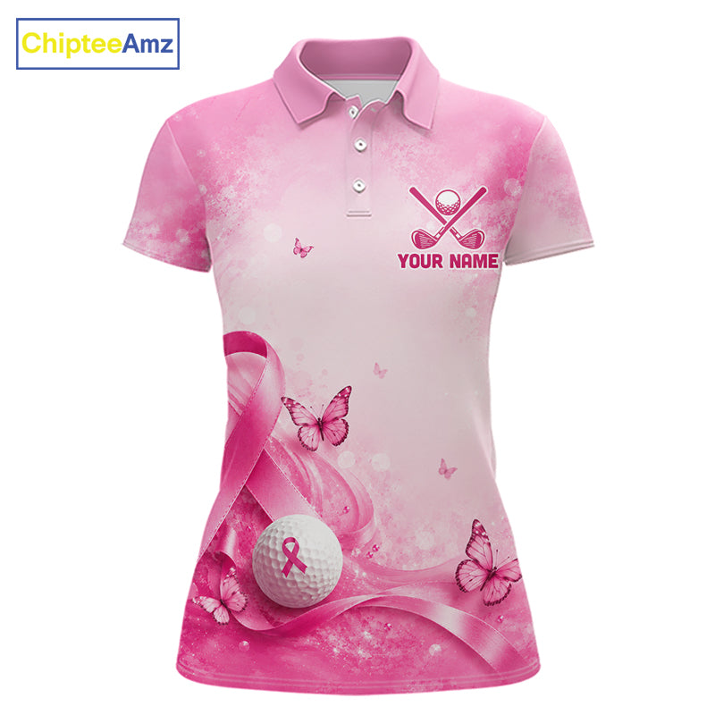 Women Golf Shirt Breast Cancer Awareness Pink Ribbon Butterfly, Custom Name Team Golf Polo NHT1492