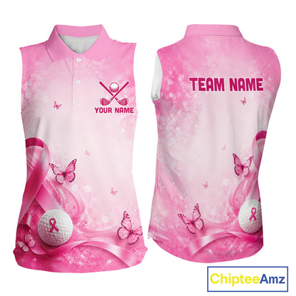 Women Sleeveless Golf Shirt Breast Cancer Awareness Pink Ribbon Butterfly, Custom Name Team Golf Polo NHT1492