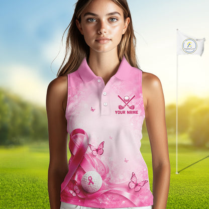 Women Sleeveless Golf Shirt Breast Cancer Awareness Pink Ribbon Butterfly, Custom Name Team Golf Polo NHT1492