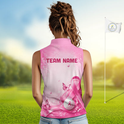 Women Sleeveless Golf Shirt Breast Cancer Awareness Pink Ribbon Butterfly, Custom Name Team Golf Polo NHT1492