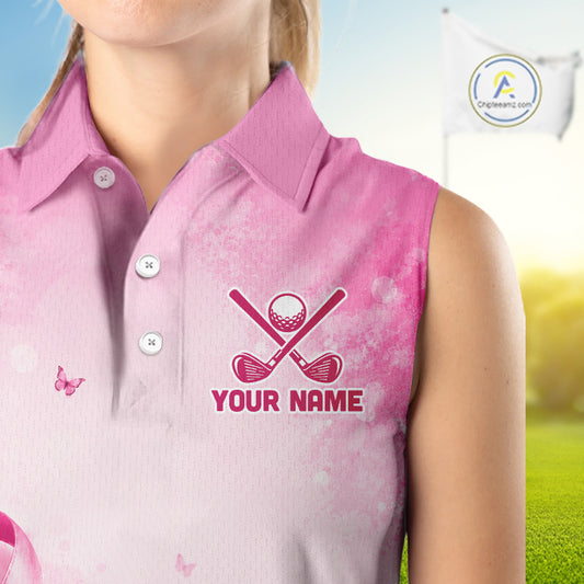Women Sleeveless Golf Shirt Breast Cancer Awareness Pink Ribbon Butterfly, Custom Name Team Golf Polo NHT1492
