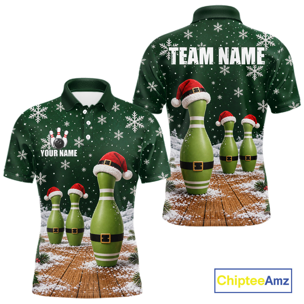 Bowling Pins Christmas Polo Shirt Custom 1/4 Zipper Green Santa Hat Xmas Golf Gift For Men  NHT1836