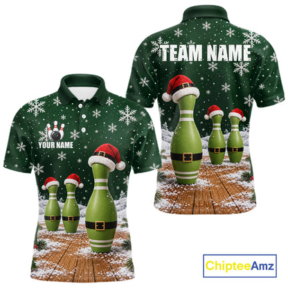 Bowling Pins Christmas Polo Shirt Custom 1/4 Zipper Green Santa Hat Xmas Golf Gift For Men  NHT1836