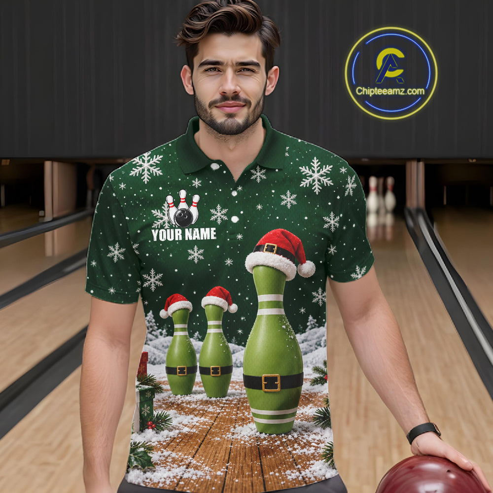 Bowling Pins Christmas Polo Shirt Custom 1/4 Zipper Green Santa Hat Xmas Golf Gift For Men  NHT1836