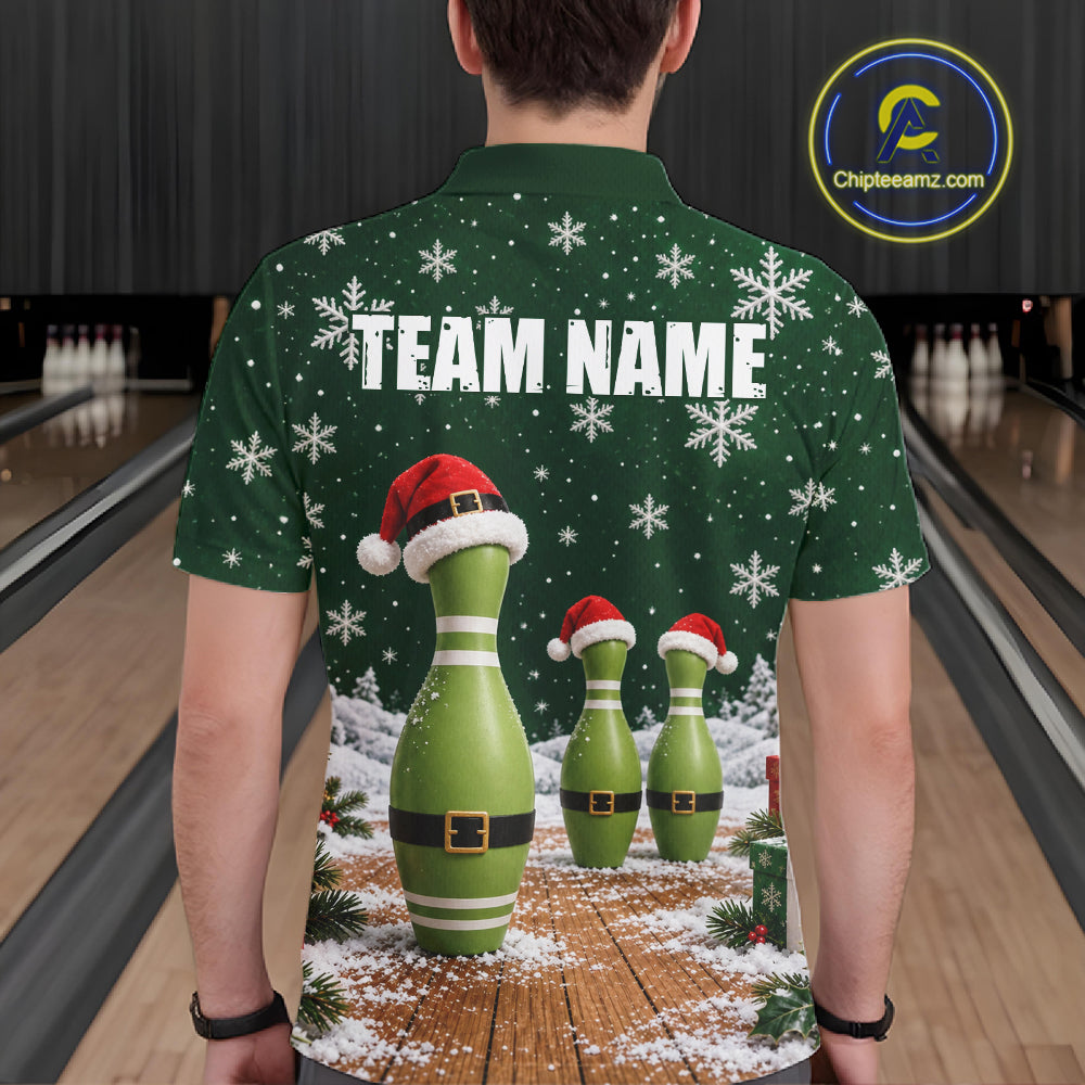 Bowling Pins Christmas Polo Shirt Custom 1/4 Zipper Green Santa Hat Xmas Golf Gift For Men  NHT1836
