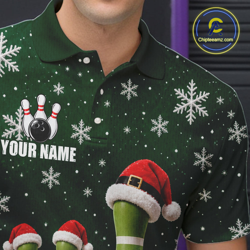 Bowling Pins Christmas Polo Shirt Custom 1/4 Zipper Green Santa Hat Xmas Golf Gift For Men  NHT1836