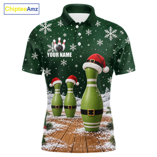 Bowling Pins Christmas Polo Shirt Custom 1/4 Zipper Green Santa Hat Xmas Golf Gift For Men  NHT1836