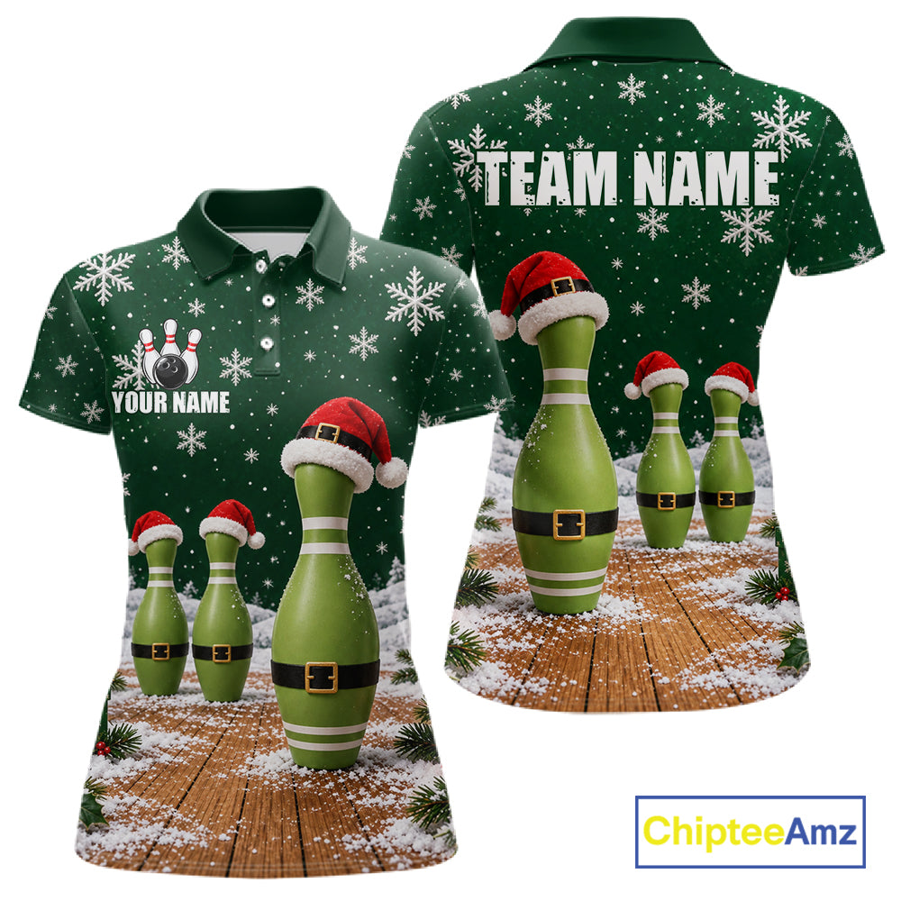 Bowling Pins Christmas Polo Shirt Custom 1/4 Zipper Green Santa Hat Xmas Golf Gift For Women  NHT1836