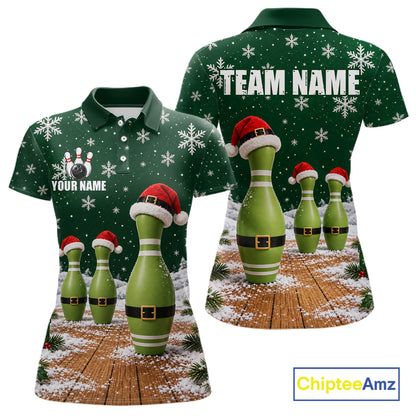 Bowling Pins Christmas Polo Shirt Custom 1/4 Zipper Green Santa Hat Xmas Golf Gift For Women  NHT1836