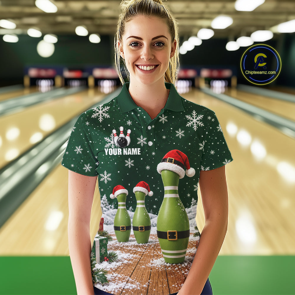 Bowling Pins Christmas Polo Shirt Custom 1/4 Zipper Green Santa Hat Xmas Golf Gift For Women  NHT1836