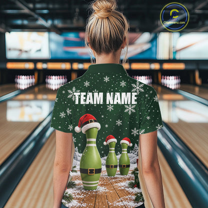 Bowling Pins Christmas Polo Shirt Custom 1/4 Zipper Green Santa Hat Xmas Golf Gift For Women  NHT1836