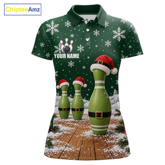 Bowling Pins Christmas Polo Shirt Custom 1/4 Zipper Green Santa Hat Xmas Golf Gift For Women  NHT1836