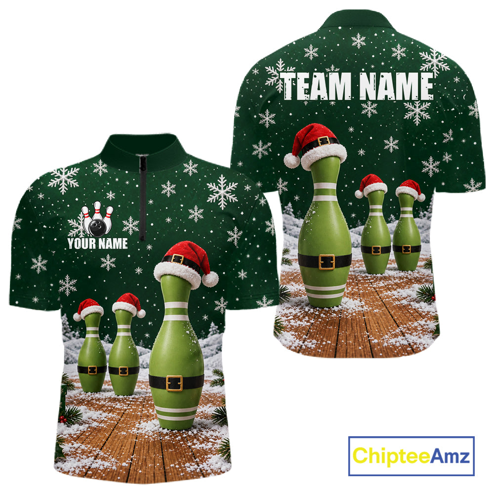 Bowling Pins Christmas Polo Shirt Custom 1/4 Zipper Green Santa Hat Xmas Golf Gift For Men  NHT1836