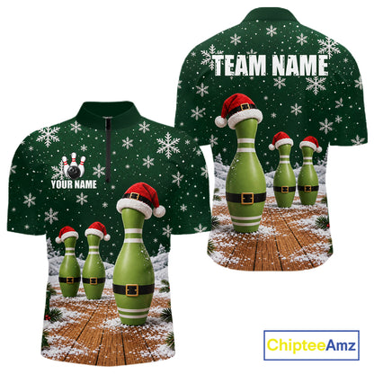 Bowling Pins Christmas Polo Shirt Custom 1/4 Zipper Green Santa Hat Xmas Golf Gift For Men  NHT1836
