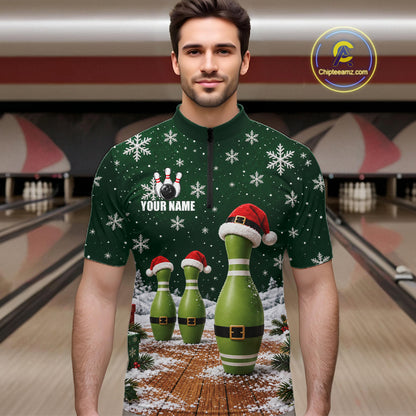Bowling Pins Christmas Polo Shirt Custom 1/4 Zipper Green Santa Hat Xmas Golf Gift For Men  NHT1836