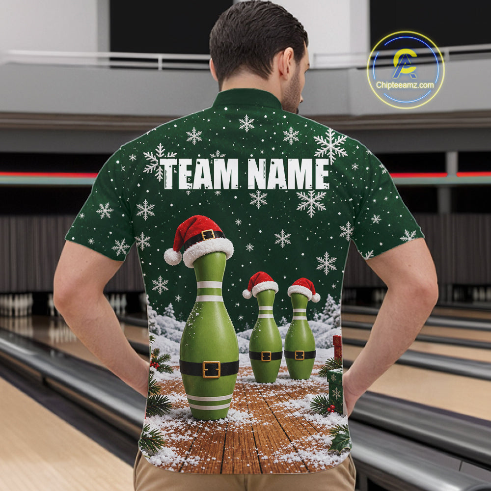 Bowling Pins Christmas Polo Shirt Custom 1/4 Zipper Green Santa Hat Xmas Golf Gift For Men  NHT1836