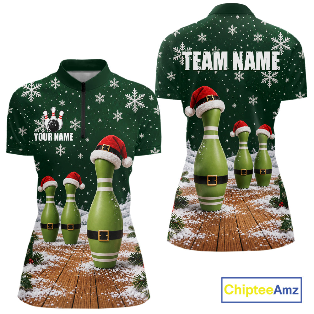 Bowling Pins Christmas Polo Shirt Custom 1/4 Zipper Green Santa Hat Xmas Golf Gift For Women  NHT1836
