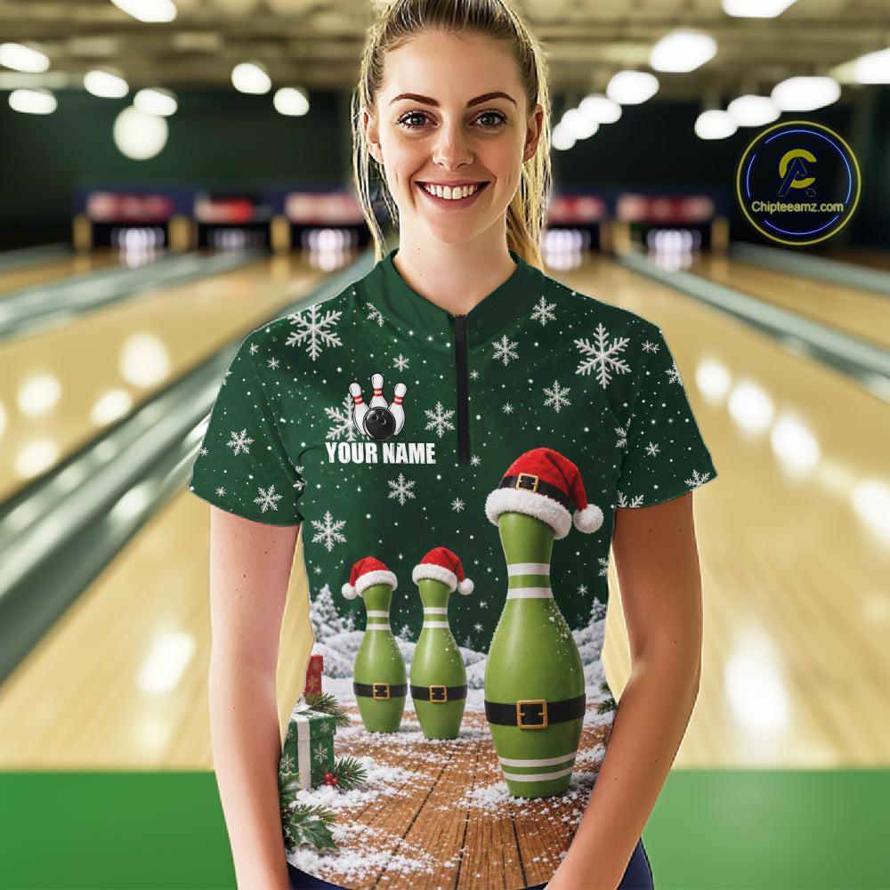 Bowling Pins Christmas Polo Shirt Custom 1/4 Zipper Green Santa Hat Xmas Golf Gift For Women  NHT1836