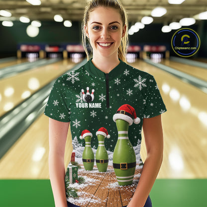 Bowling Pins Christmas Polo Shirt Custom 1/4 Zipper Green Santa Hat Xmas Golf Gift For Women  NHT1836