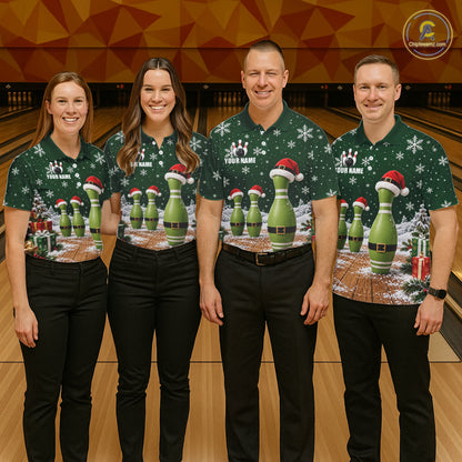 Bowling Pins Christmas Polo Shirt Custom 1/4 Zipper Green Santa Hat Xmas Golf Gift For Men  NHT1836
