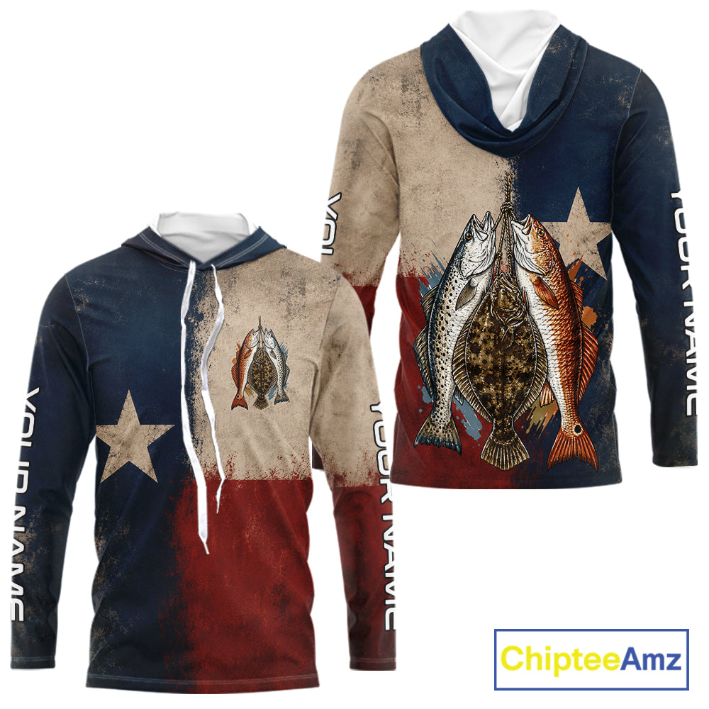 Texas Slam Speckled Trout Flounder Redfish Hooded Fishing Shirt, Texas Flag UV Performance Fishing Apparel 