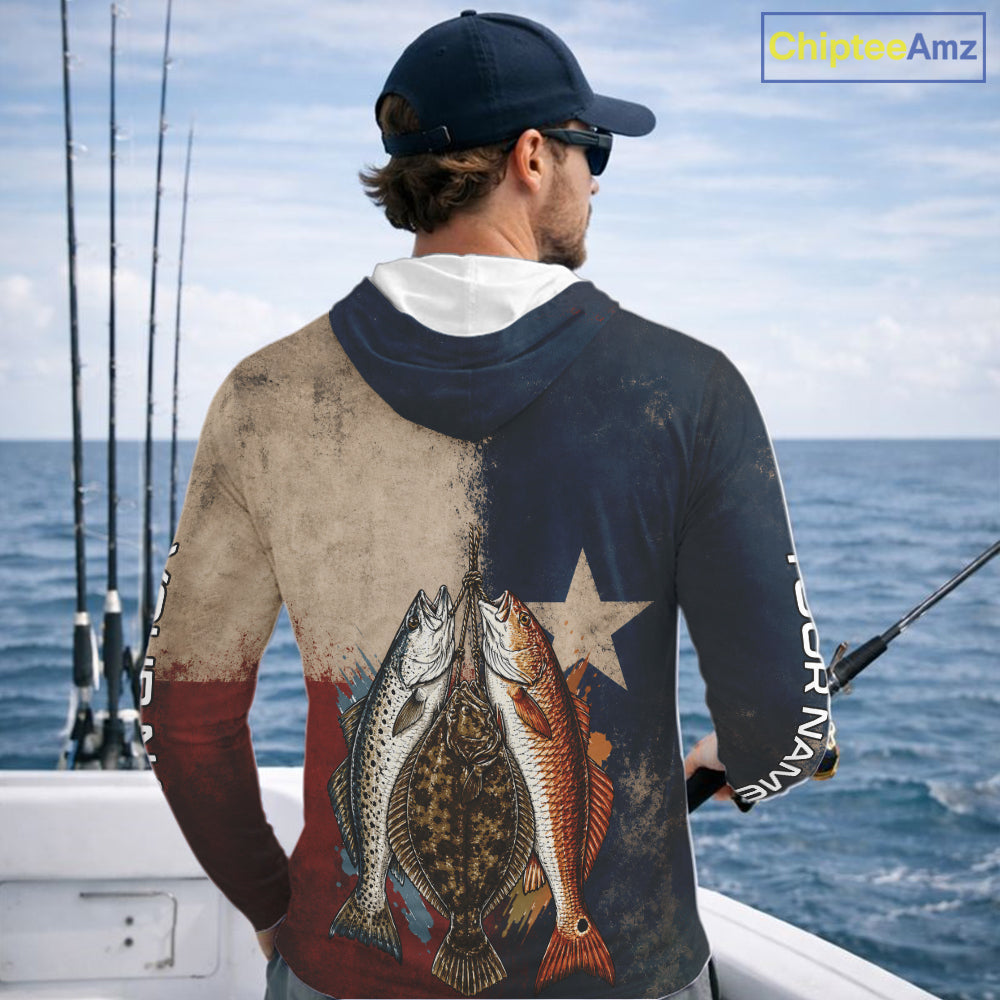 Texas Slam Speckled Trout Flounder Redfish Hooded Fishing Shirt, Texas Flag UV Performance Fishing Apparel 