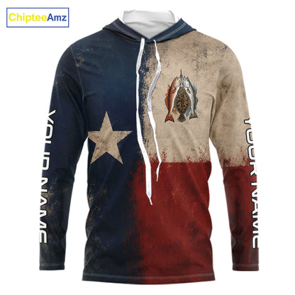 Texas Slam Speckled Trout Flounder Redfish Hooded Fishing Shirt, Texas Flag UV Performance Fishing Apparel 