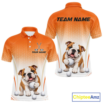 Custom Bulldog Golf Lover Orange Men Polo Shirt, Personalized Golf Polo Shirt With Dog NHT1327