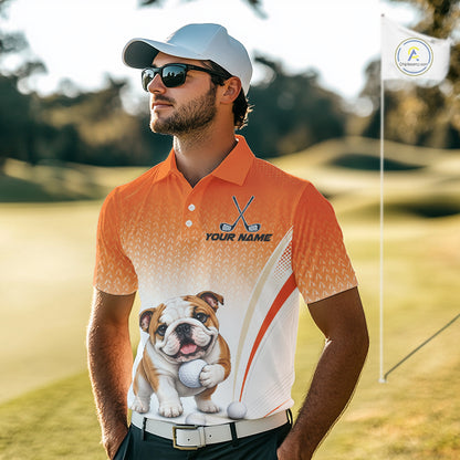 Custom Bulldog Golf Lover Orange Men Polo Shirt, Personalized Golf Polo Shirt With Dog NHT1327