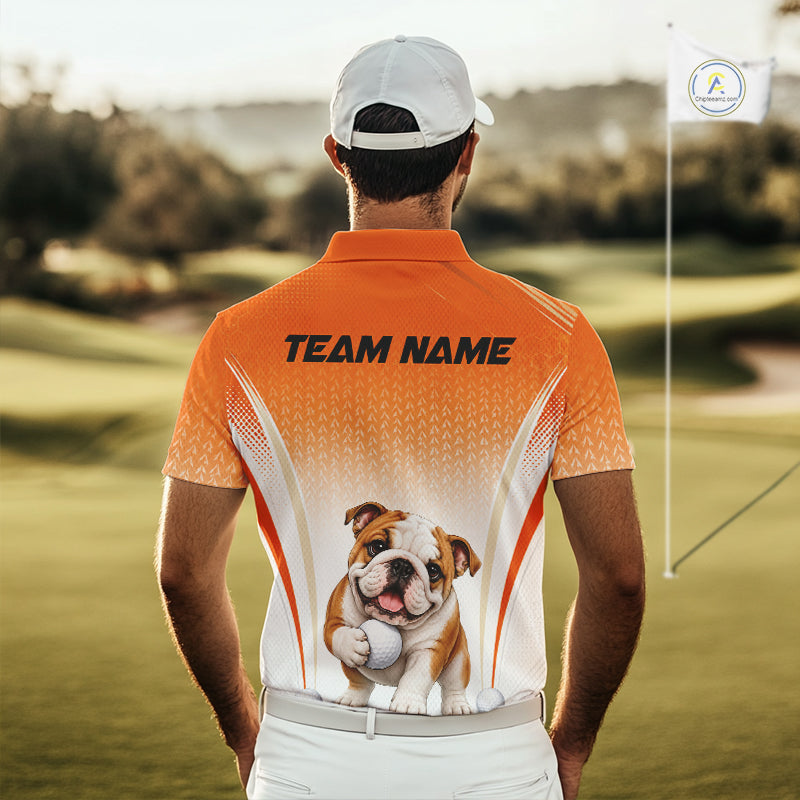 Custom Bulldog Golf Lover Orange Men Polo Shirt, Personalized Golf Polo Shirt With Dog NHT1327