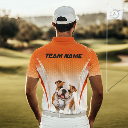 Custom Bulldog Golf Lover Orange Men Polo Shirt, Personalized Golf Polo Shirt With Dog NHT1327