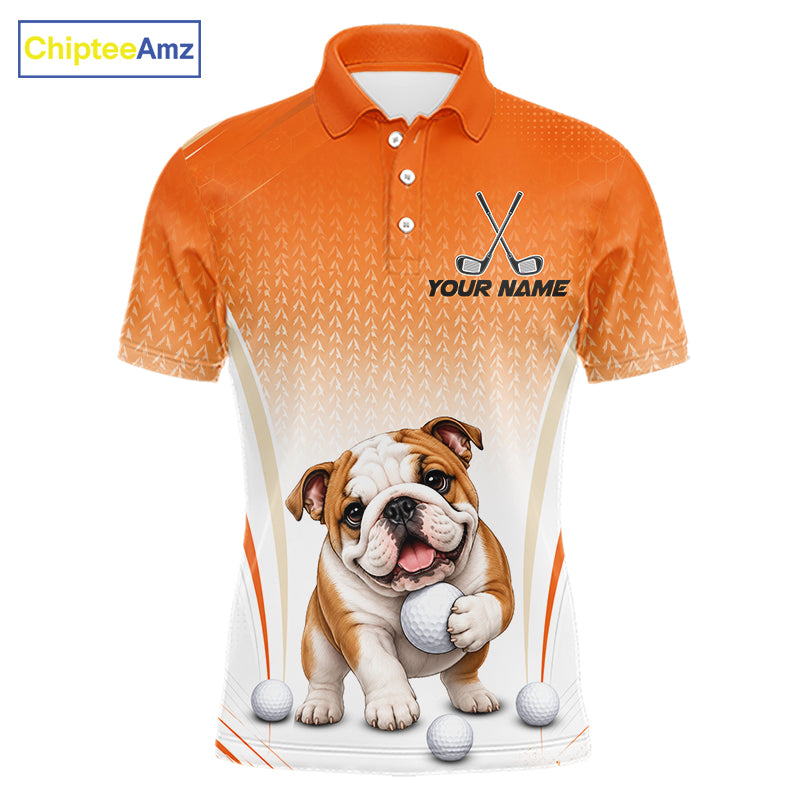 Custom Bulldog Golf Lover Orange Men Polo Shirt, Personalized Golf Polo Shirt With Dog NHT1327
