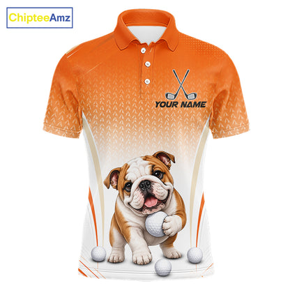 Custom Bulldog Golf Lover Orange Men Polo Shirt, Personalized Golf Polo Shirt With Dog NHT1327