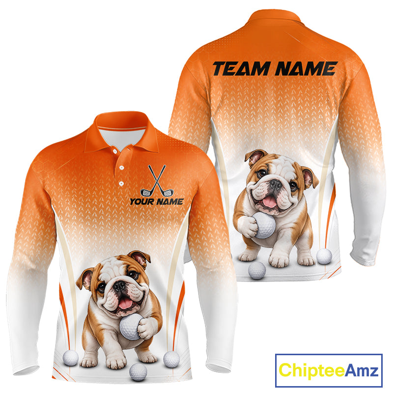 Custom Bulldog Golf Lover Orange Men Polo Shirt, Personalized Golf Polo Shirt With Dog NHT1327