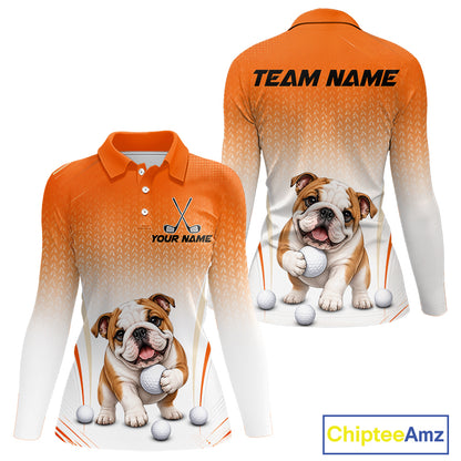 Custom Bulldog Golf Lover Orange Women Polo Shirt, Personalized Golf Polo Shirt With Dog NHT1327