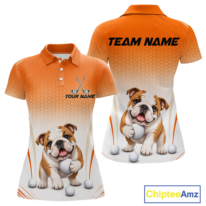 Custom Bulldog Golf Lover Orange Women Polo Shirt, Personalized Golf Polo Shirt With Dog NHT1327