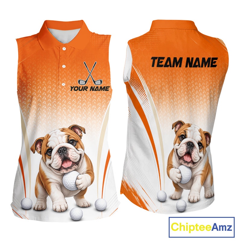 Custom Bulldog Golf Lover Orange Women Sleeveless Polo Shirt, Personalized Golf Polo Shirt With Dog NHT1327