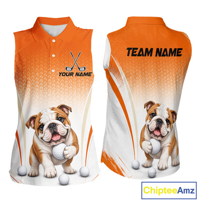 Custom Bulldog Golf Lover Orange Women Sleeveless Polo Shirt, Personalized Golf Polo Shirt With Dog NHT1327