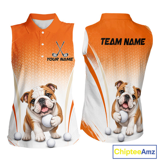 Custom Bulldog Golf Lover Orange Women Sleeveless Polo Shirt, Personalized Golf Polo Shirt With Dog NHT1327