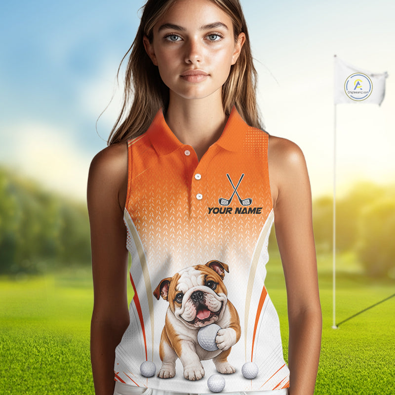 Custom Bulldog Golf Lover Orange Women Sleeveless Polo Shirt, Personalized Golf Polo Shirt With Dog NHT1327