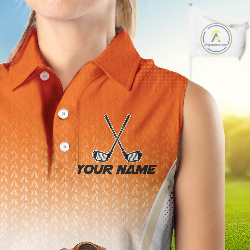 Custom Bulldog Golf Lover Orange Women Sleeveless Polo Shirt, Personalized Golf Polo Shirt With Dog NHT1327