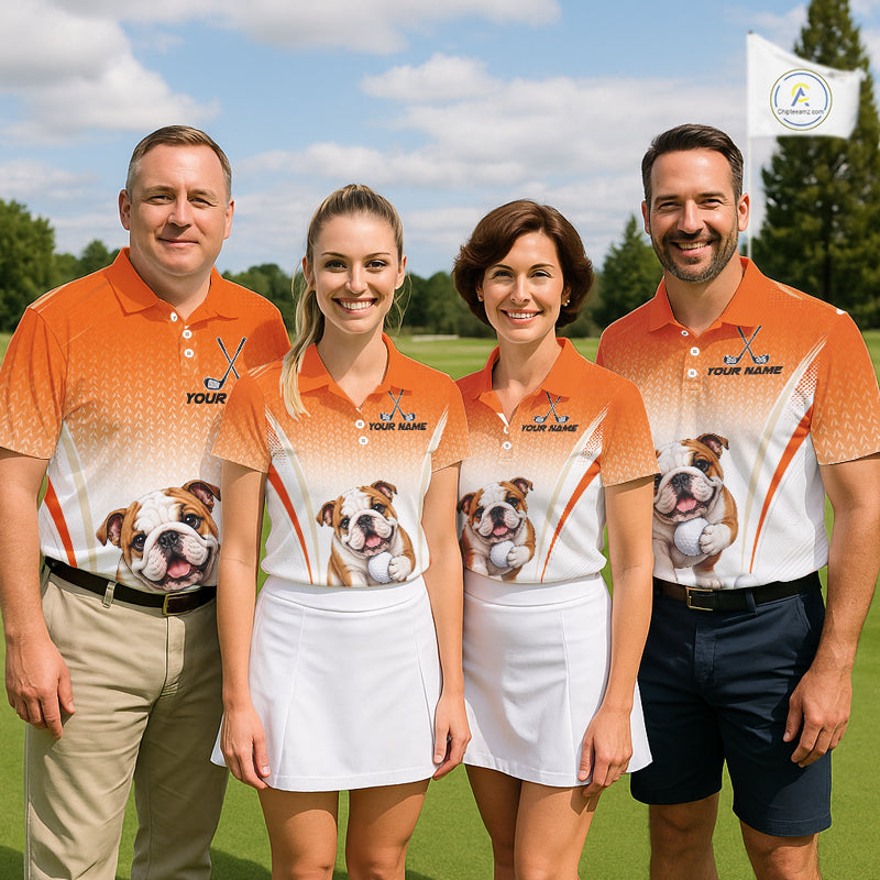 Custom Bulldog Golf Lover Orange Men Polo Shirt, Personalized Golf Polo Shirt With Dog NHT1327