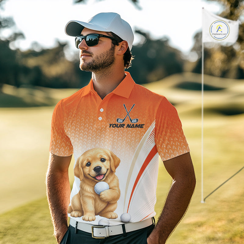 Custom Golden Retriever Golf Lover Orange Men Polo Shirt, Personalized Golf Polo Shirt With Dog NHT1328