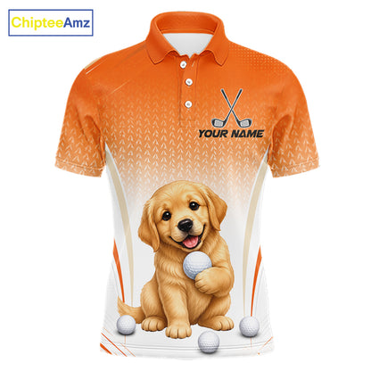 Custom Golden Retriever Golf Lover Orange Men Polo Shirt, Personalized Golf Polo Shirt With Dog NHT1328