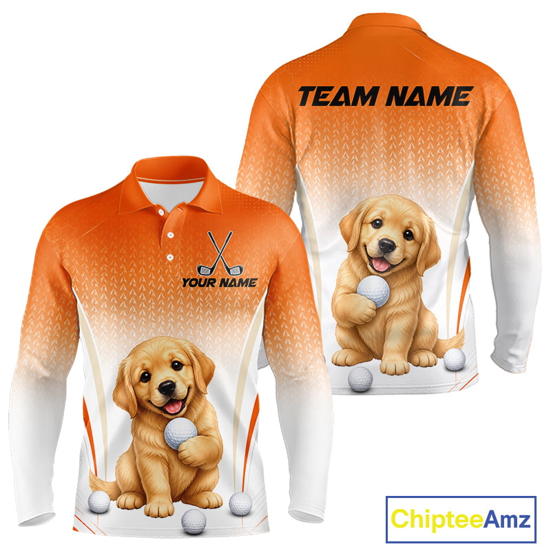 Custom Golden Retriever Golf Lover Orange Men Polo Shirt, Personalized Golf Polo Shirt With Dog NHT1328