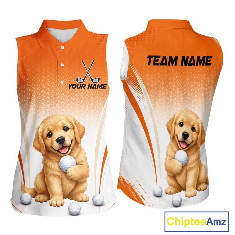 Custom Golden Retriever Golf Lover Orange Women Sleeveless Polo Shirt, Personalized Golf Polo Shirt With Dog NHT1328