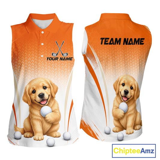 Custom Golden Retriever Golf Lover Orange Women Sleeveless Polo Shirt, Personalized Golf Polo Shirt With Dog NHT1328